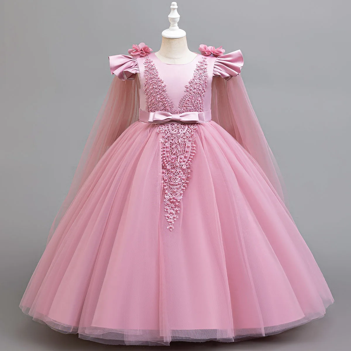 

ELBCOS 4-14Y Girls Crew Neck Dolman Sleeve Jacquard Pearl Flower Beading Skirt Organza Cloak Costumes Dress Suit