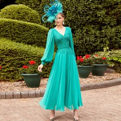 Elegant Green Mother of the Bride Dresses V Neck Long Sleeves Wedding Party Gowns Appliques Chiffon Ankle-Length فساتين السهرة