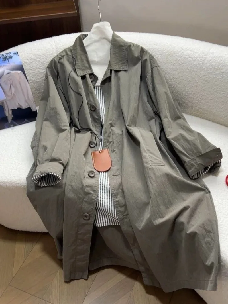 2026 Female New Model Popular This Year, Korean Style, Casual, British Long Style, Gray Green Windbreaker Jacket, Women's Spring