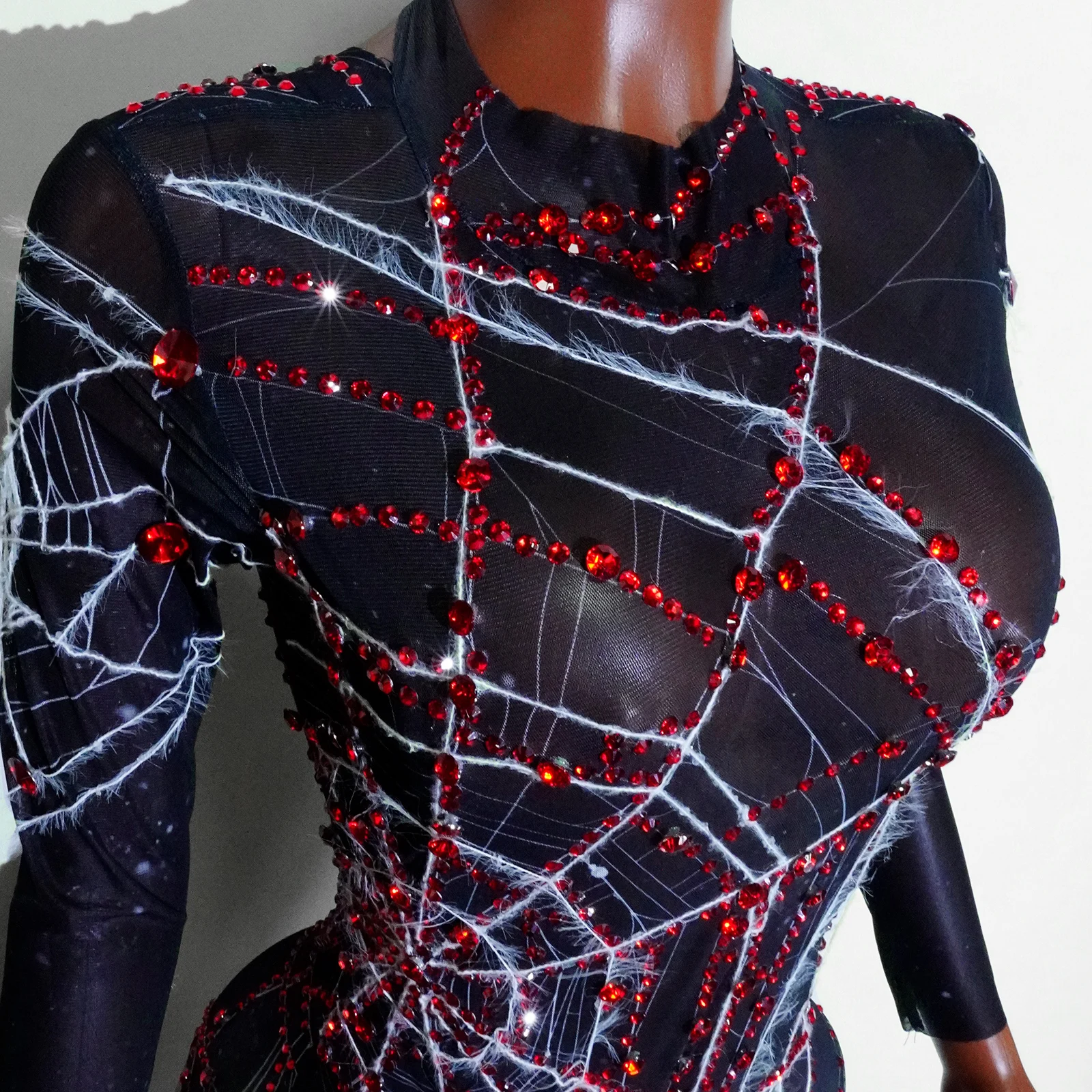 Seksowne body z pajęczyną, siateczkowe, transparentne, czerwone, z dżetami, czarny trykot, na imprezę, taniec, Halloween, występ sceniczny, kostium do klubu nocnego.