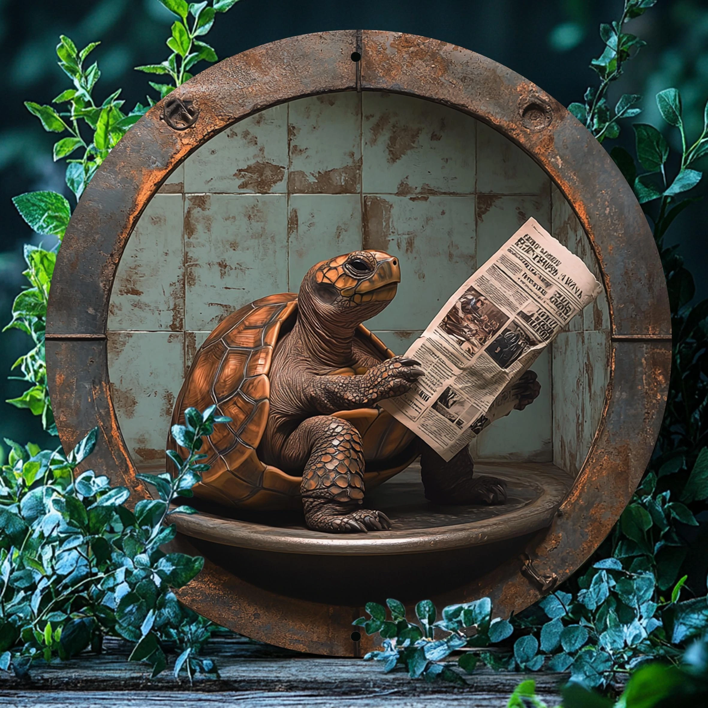 2D 1PC Wooden Disc Reading Newspaper Turtle Themed Sign 8 Inch Design Decorative Art Durable Wall Plaque Bedroom Office Cafe