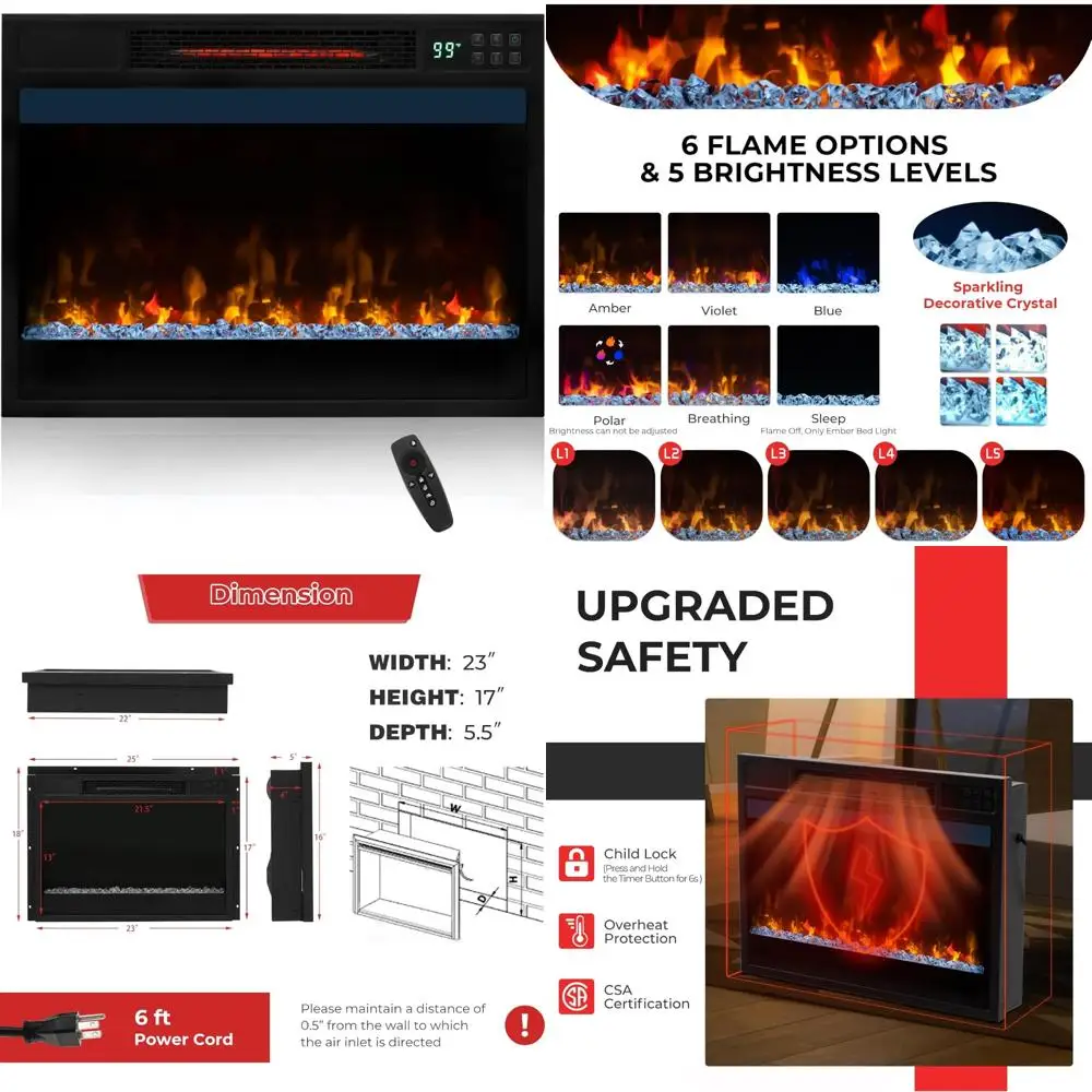 Infrared Quartz Electric Fireplace Insert 23-Inch, 1500W Heater with Remote Control, Thermostat, Recessed Fireplace for Home