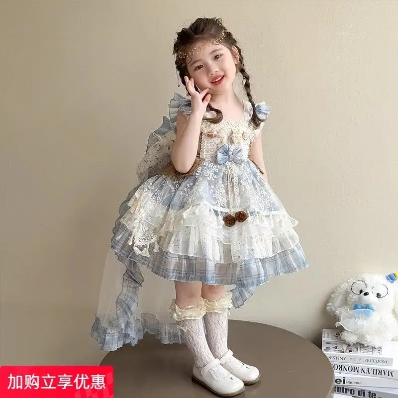 Baby Girls Summer Sweet Lolita Lace Blue Bow Shiny Princess Ball Gown Cake Layed Backless Sundress Birthday Party Clothes