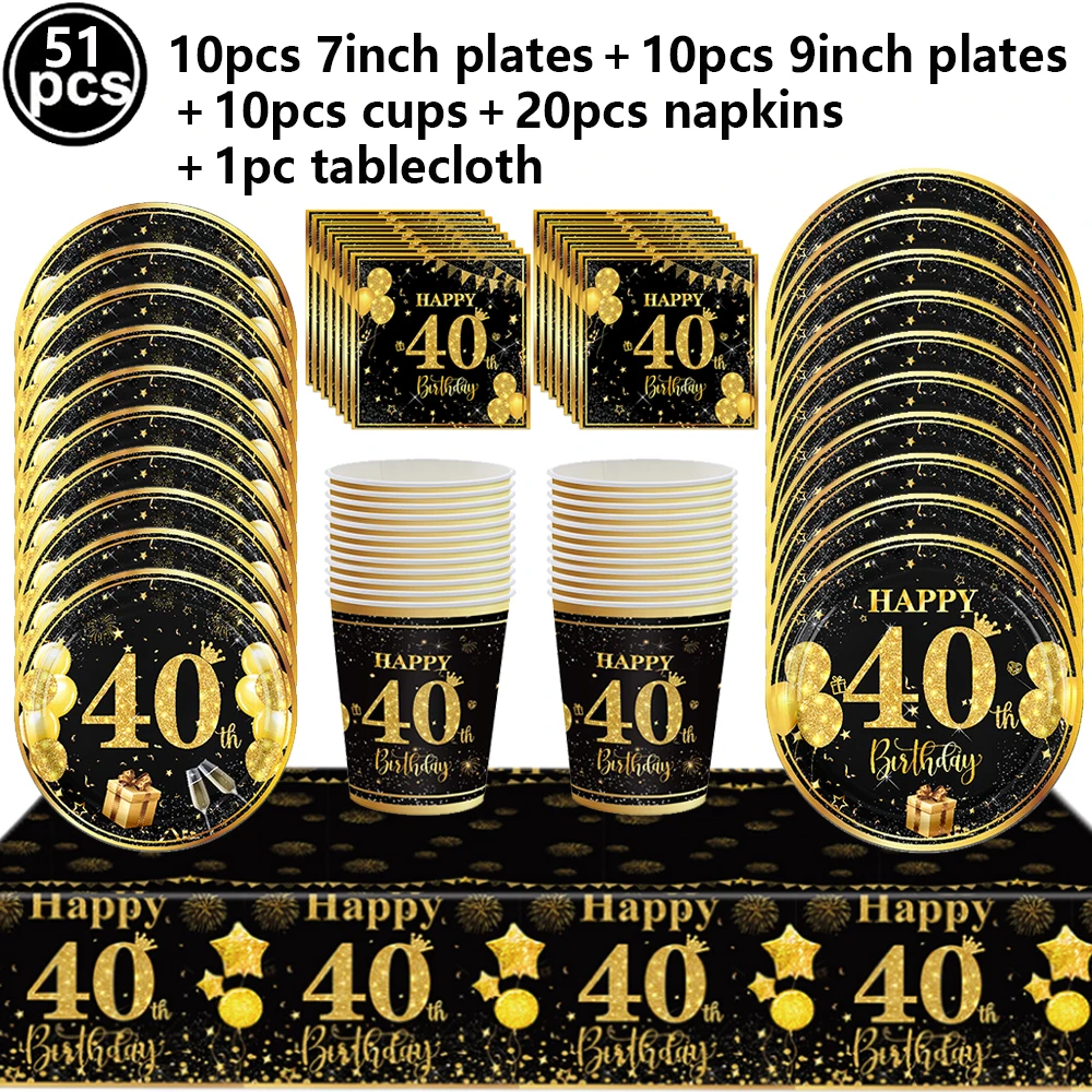 40. Geburtstag Partyzubehör für Männer Frauen Schwarz-Gold 40 Jahre Party Tischgeschirr Teller Servietten Becher Banner Tischdecke Dekorationen – Detail 5