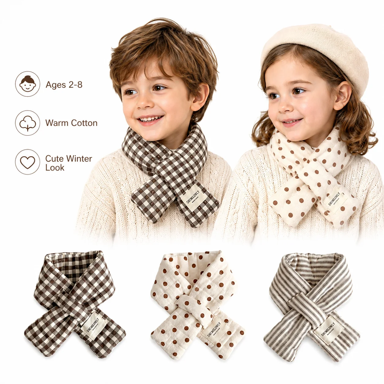 Kids Cross Scarf Soft Cotton Warm Winter Neck Warmer Plaid Polka Dot Striped Pull Through Scarf Boys Girls Baby Neck Accessories