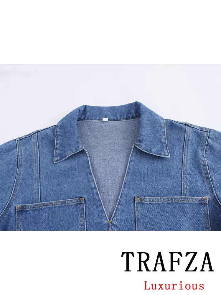 TRAFZA Vintage Casual Chic Solid Denim Koszule damskie V-Neck Kieszenie Pullover Krótka bluzka Nowa moda 2024 Jesienne topy damskie