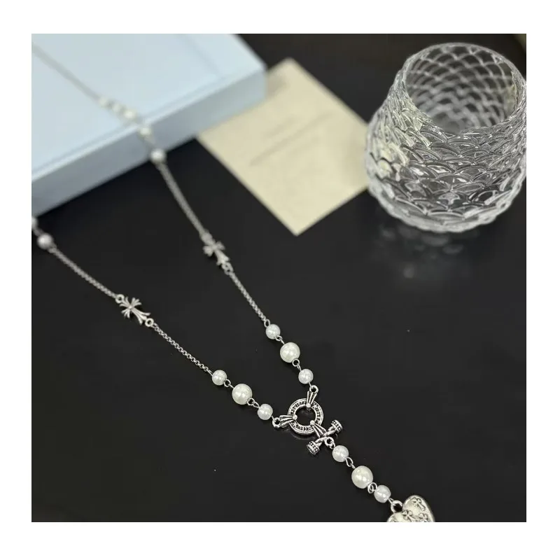 

Diamond Imitation Pearl Love Cross Collarbone Chain Women Light Luxury High Sense Personality Niche Long Necklace Tide