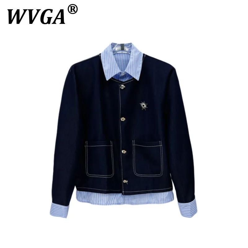 

WVGA Denim Jacket Spring Autumn New Man Patchwork Design Trendy Fake Two-Piece Padded Shoulder Niche Chic Casual Coat Ins W11305