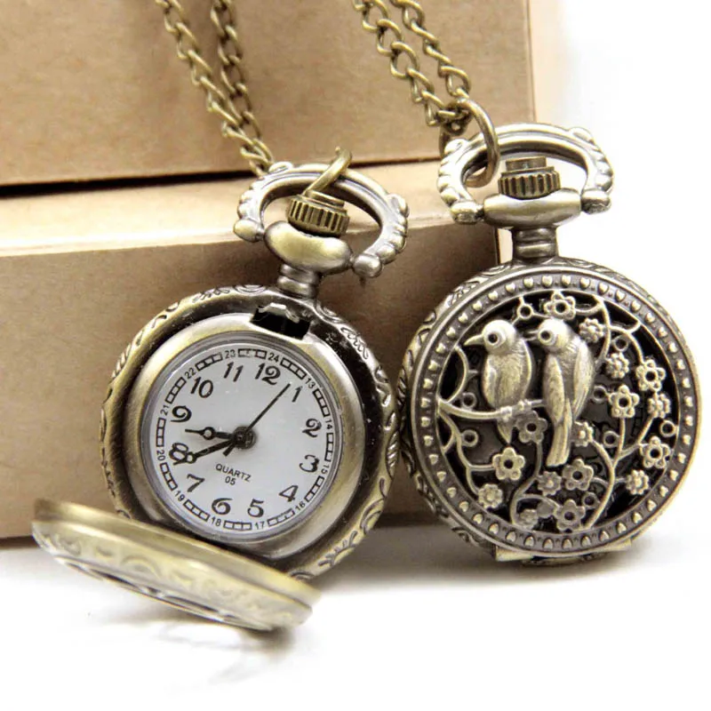 Fashion Double Magpies Hollow Engraving Vintage Pocket Watches Quartz Movement Vintage Pocket Watch On Chain Skeleton Watch