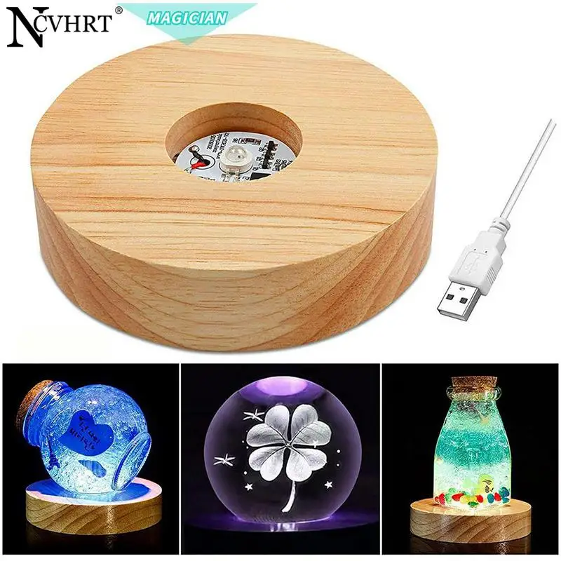 Base di visualizzazione della luce a LED in legno cristallo di vetro resina ornamento artistico Base della lampada da notte in legno espositore rotante a luce LED 60mm