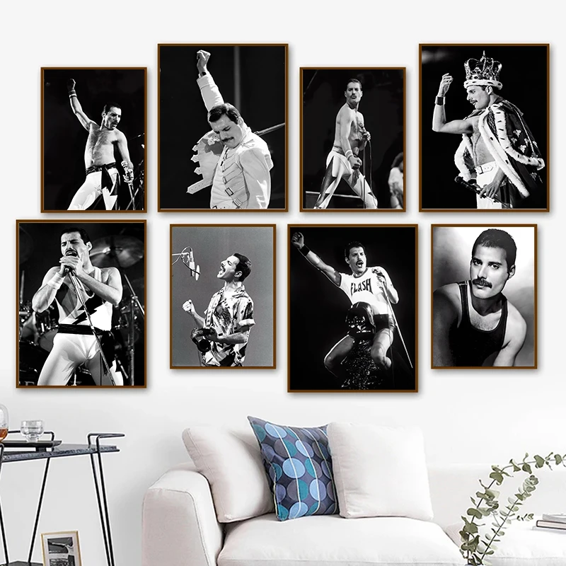 Black And White Freddie Mercury Portrait Poster Canvas Painting Bohemian Rock Music Star Queen Band Wall Art Room Home Decor