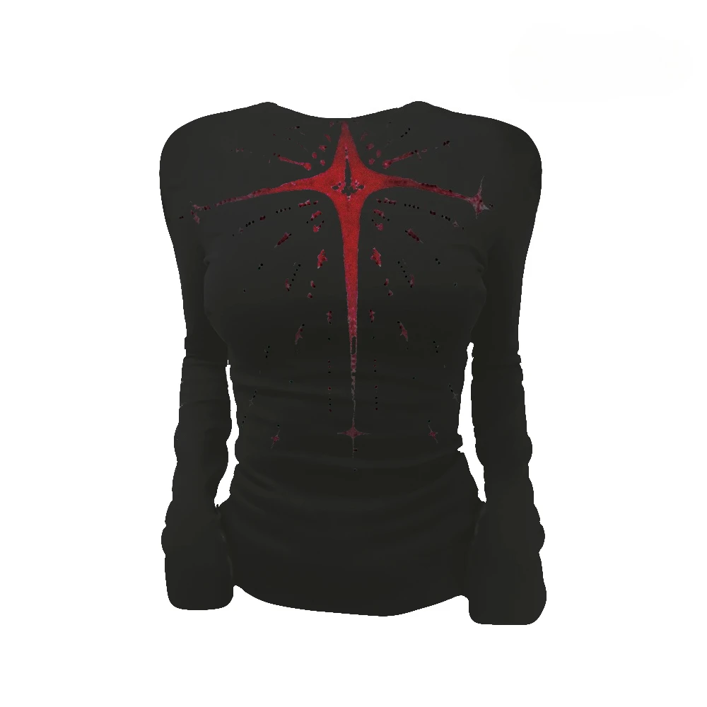 

Футболка с длинным рукавом в стиле Y2K, готическая субкультура, женская уличная одежда, американский винтажный принт, круглый вырез, весна-осень 2026, новинка