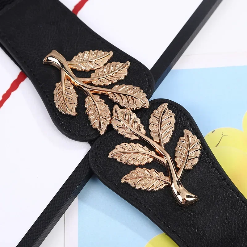 1Pc Dress Down Jacket Belt Women's Elastic Slimming Belt Retro Metal Leaf for Dress Shirt Windbreaker Leather Waist Sealing Blue