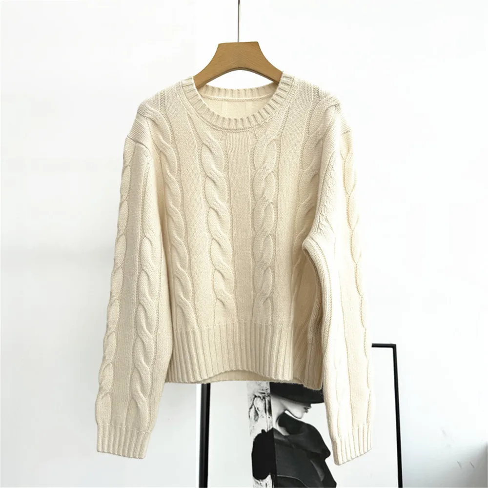 

25 Autumn/Winter Women's round neck long sleeved solid Color Hemp loose casual cashmere thick knitting pullover