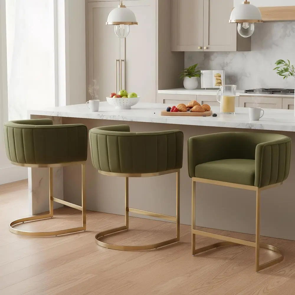 

Modern Velvet Counter Height Bar Stools Set of 3 for Kitchen Island Comfy Upholstered Barrel Back Stool Chair with Golden Metal