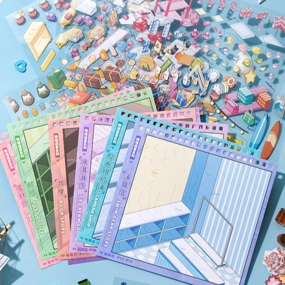 

New Shop Scene Scenery Stickers 10 Scenes PET Sticker Book Bakery Post Office Book Swimwear 3D Stacking Sticker Gift