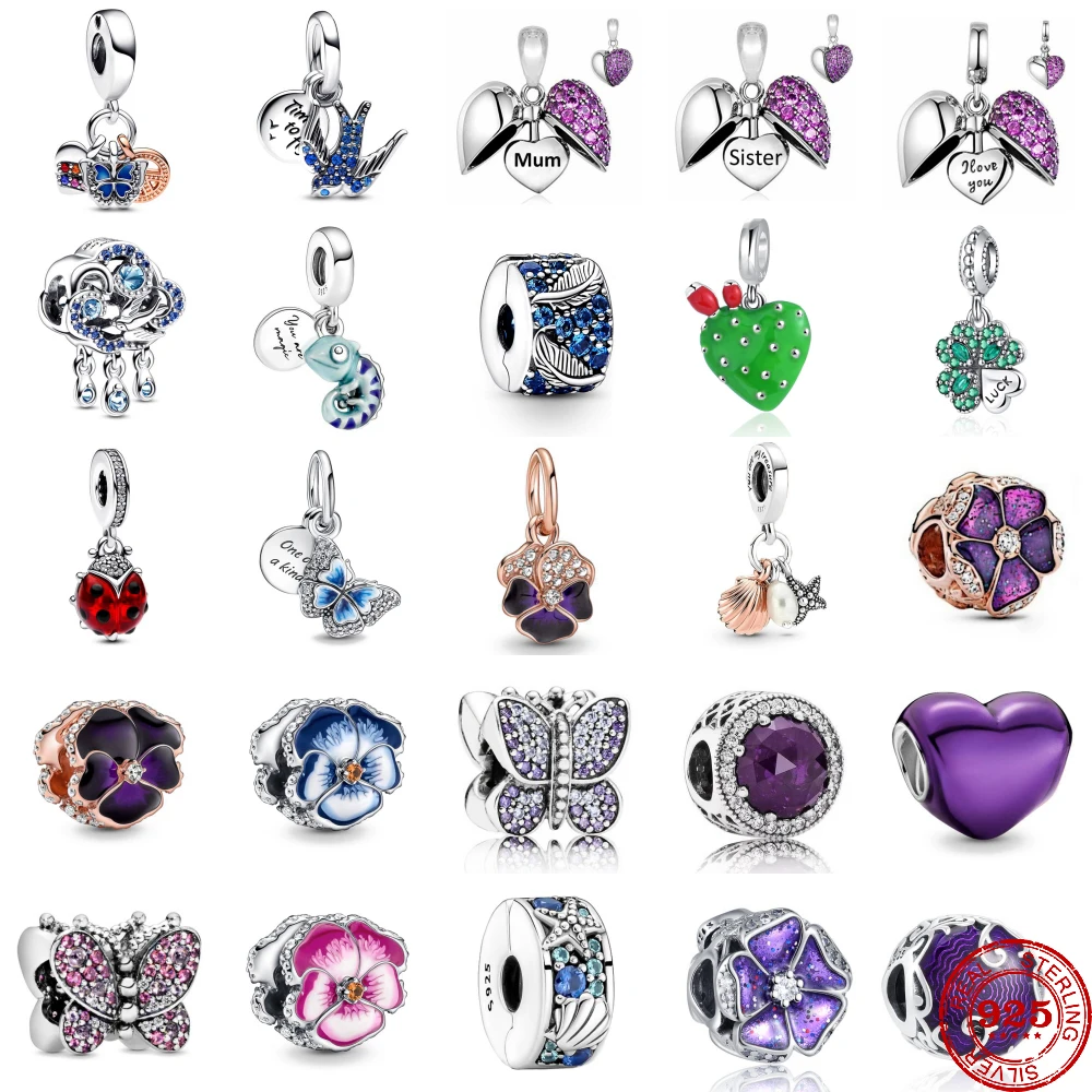 

New 925 Sterling Silver Butterfly Swallow Cactus Clover Chameleon Dangle Beads Fit Original Pendant Bracelet Charms DIY Jewelry