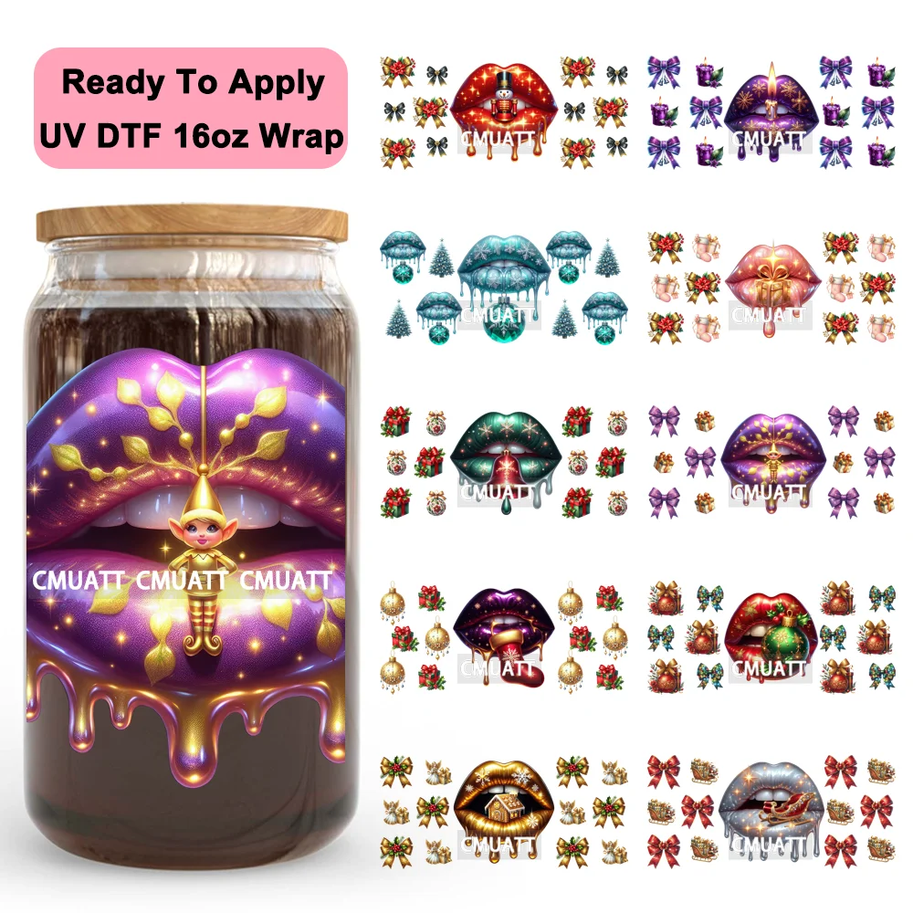 

Watercolor Girly Christmas Candy Cane Lip UV DTF Wraps Transfer Sticker Waterproof Prints For 16OZ Libbey Glass Can Tumbler Mugs