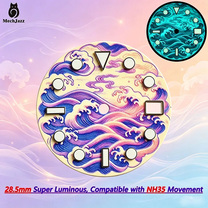 MechJazz 28.5mm Wave Pattern Watch Dial,Super Luminous Dial,3 O'clock Date Window,Compatible with NH35 Movement, Watch Mod Parts