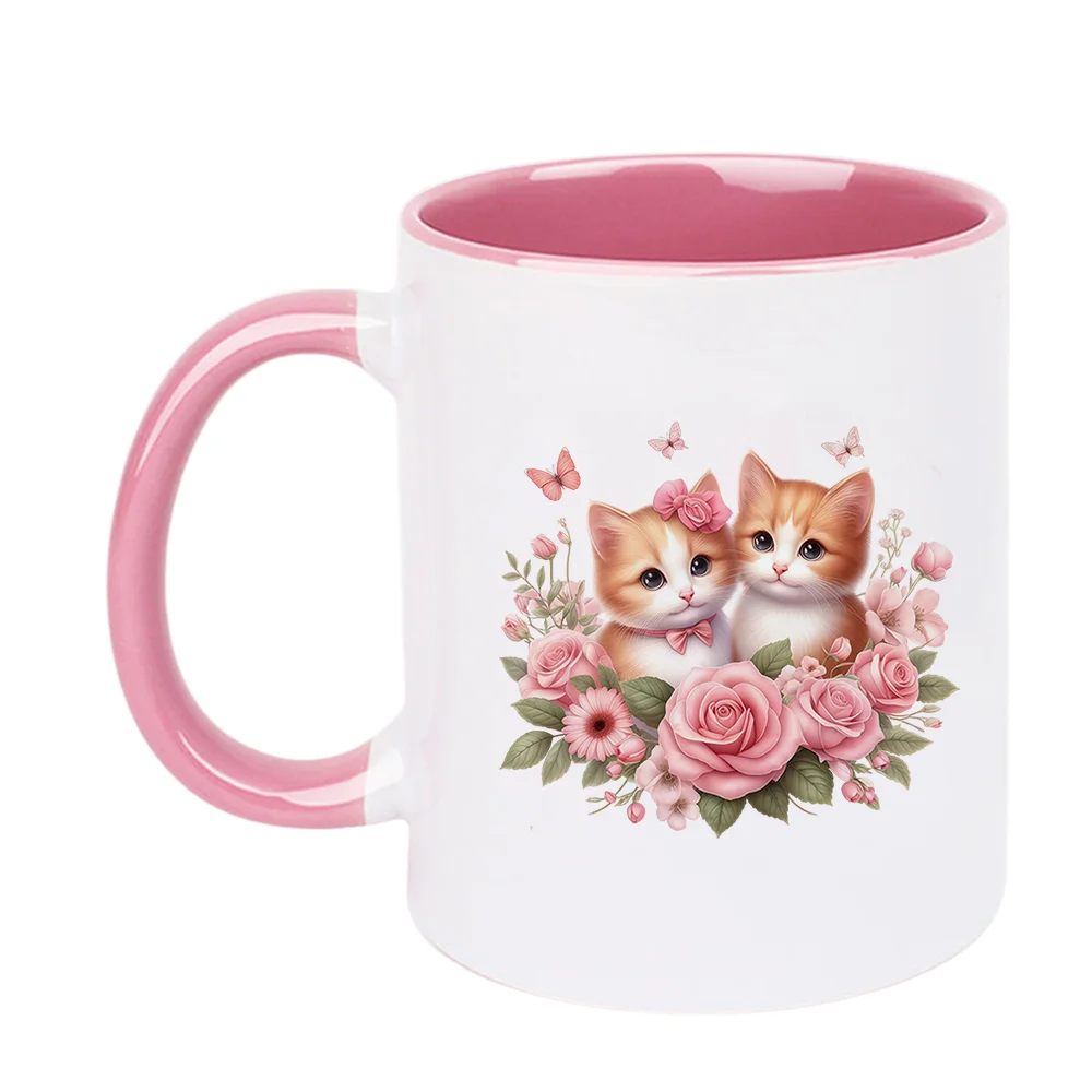 11oz Cute Kitten with Pink Roses Ceramic Coffee Mug for Valentine's Day and birthday Mother’s Day Home Use Holiday Present Birth