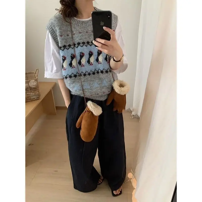 Urocza dzianinowa kamizelka żakardowa w stylu Y2K damska jesienno-zimowa z okrągłym dekoltem, bez rękawów, sweter w stylu koreańskim, casualowy pulower.