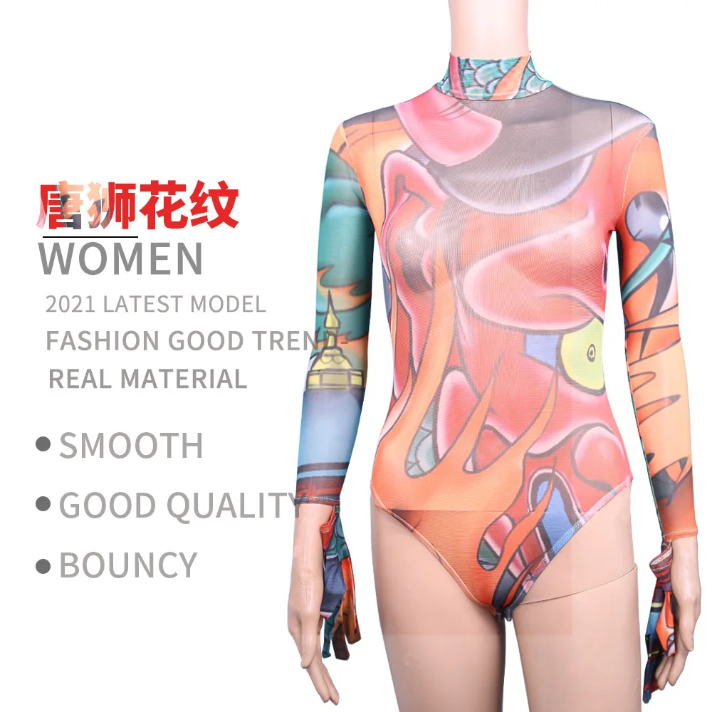 Women Lady Sexy Perspective Super Elastic Tattoo Turtleneck Mesh Bodysuit Shapewear Long-sleeved Stylish