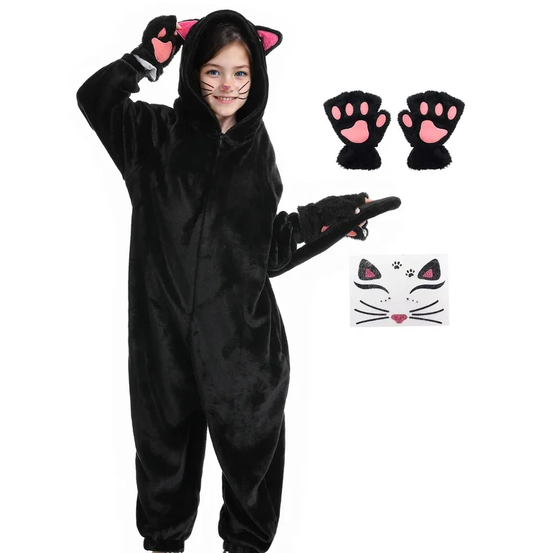 

Мягкая плюшевая черная пижама-комбинезон для девочек с перчатками и наклейками с котами, теплый зимний комплект одежды для сна, идеально подходит для Хэллоуина mb.3