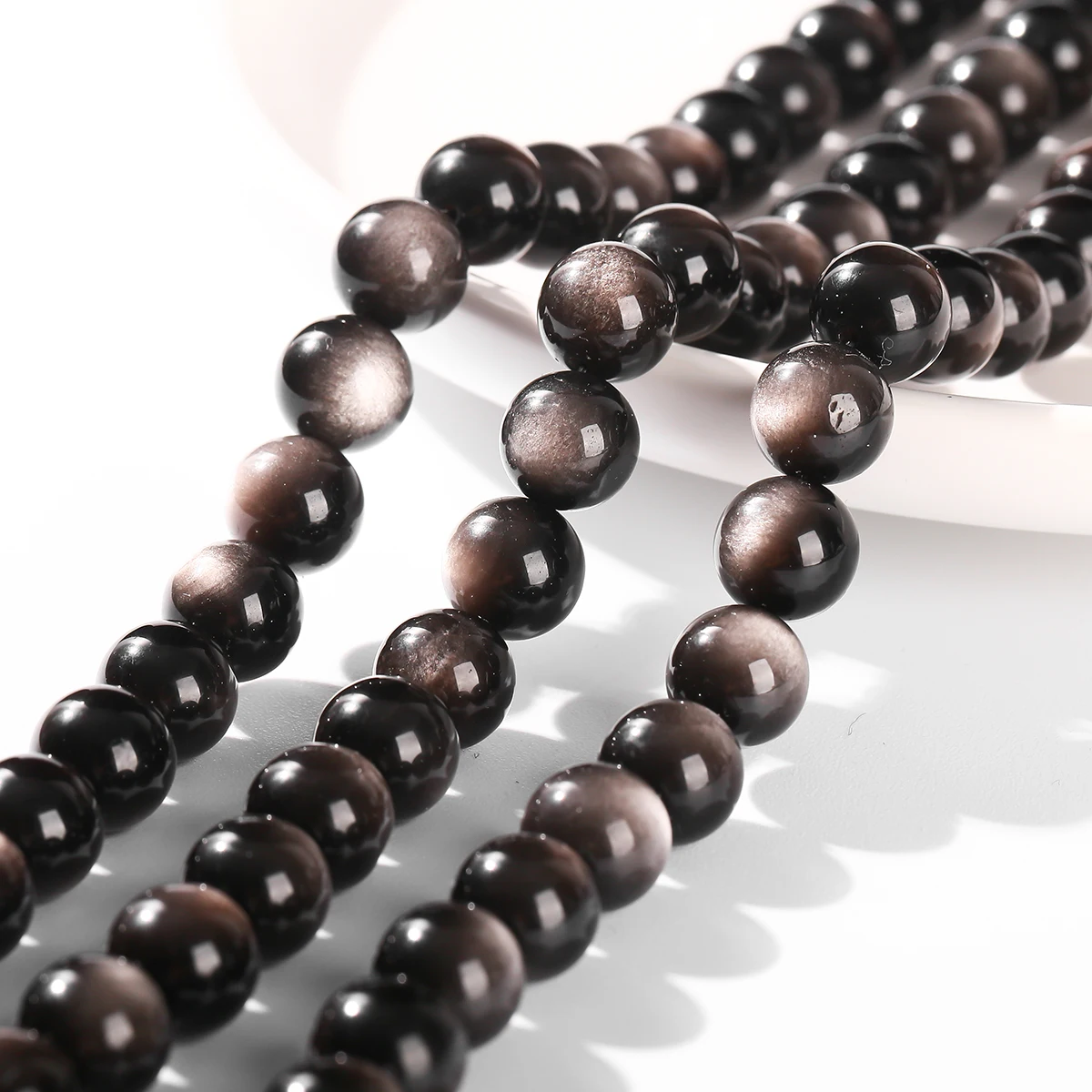 Wholesale Natural Stone Silver Color Obsidian Bead Round Spacer Beads For Jewelry Making DIY Bracelet Necklace Accessory 15“