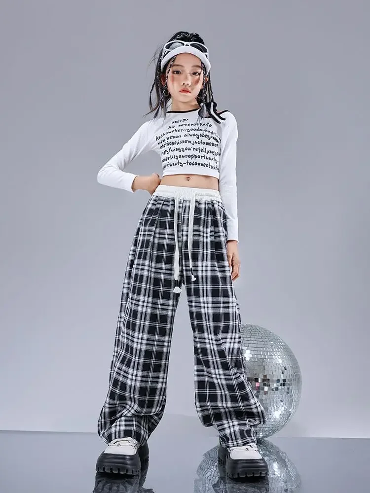 

Boys Hip Hop Letters Sweatshirt Plaid Pants Girls Crop Top Sweatpants Children Street Dance Clothes Set Kids Jazz Streetwear