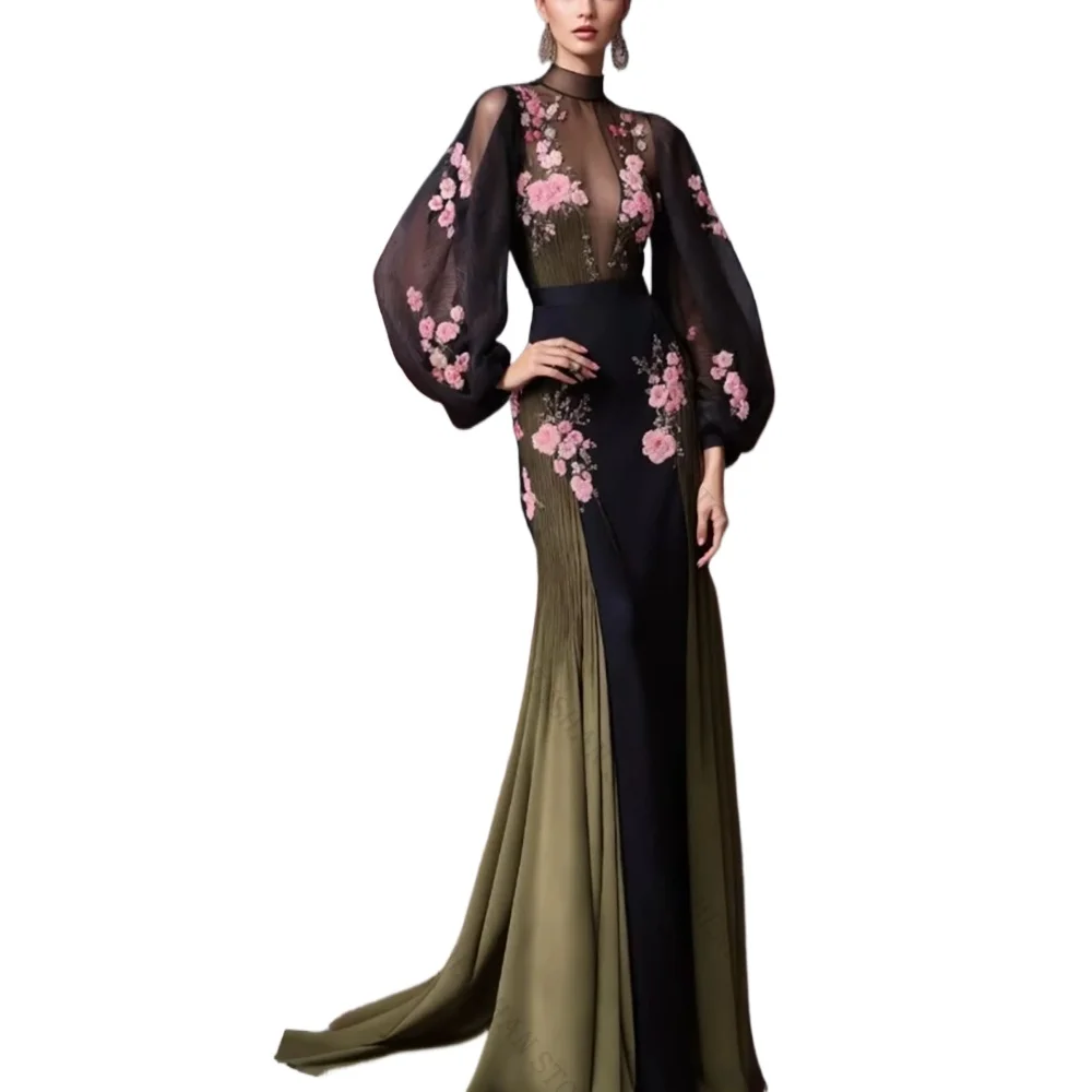 Elegante pescoço alto mangas compridas uma linha vestido de noite com apliques robes de soirée vestidos personalizados