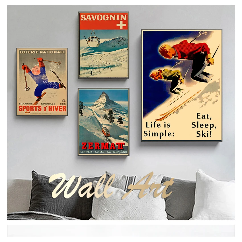 Painting Skiing Vintage Wall Kraft Posters Coated Stickers Home Decoration Picture Gift Art Ski in Australia France Canvas