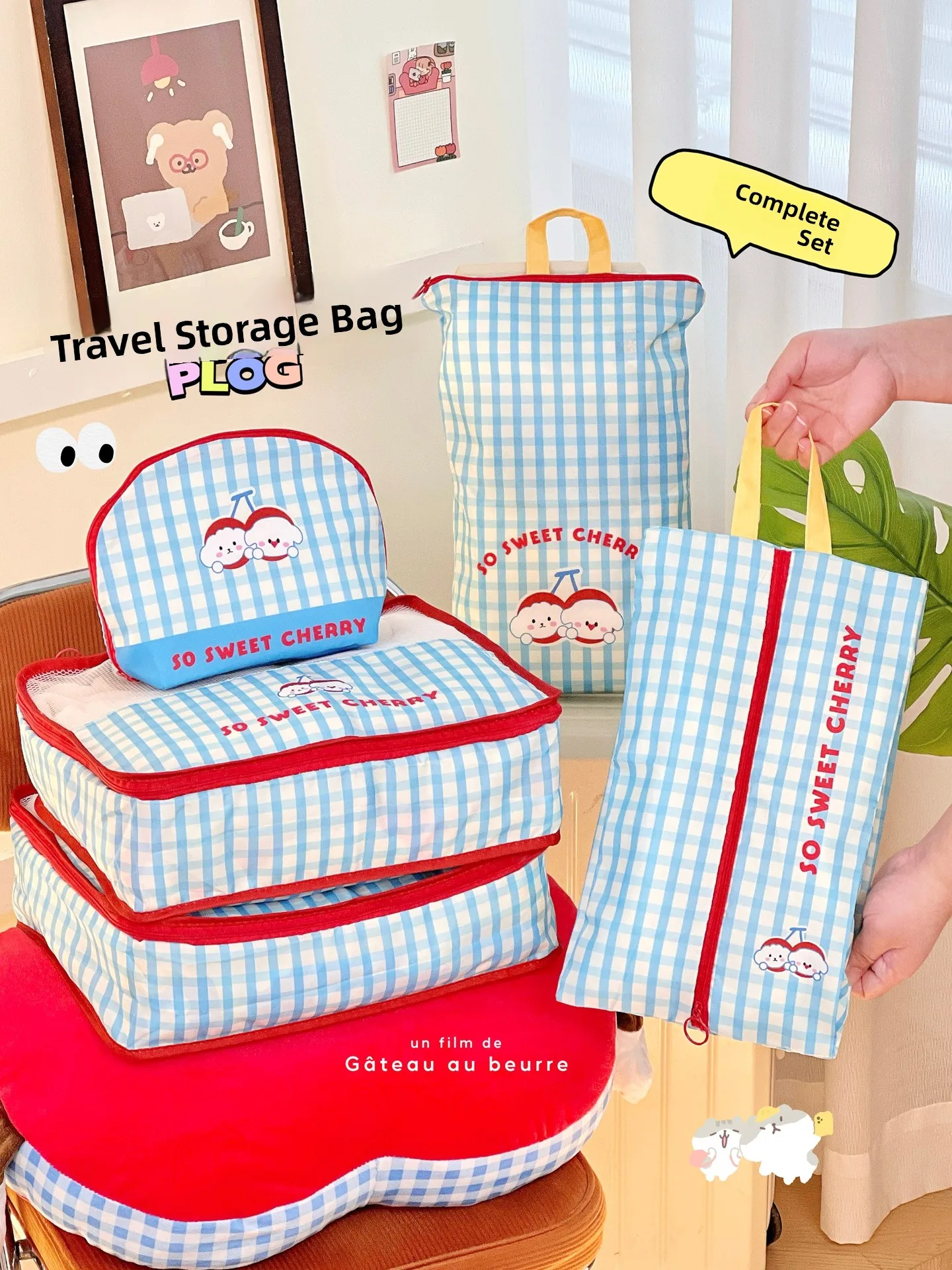 

Adorable Cherry Puppy Travel Storage Bag Women's Cosmetic Toiletry Bag Clothes oes Organizer Polyester Sub-Pouches Dividers
