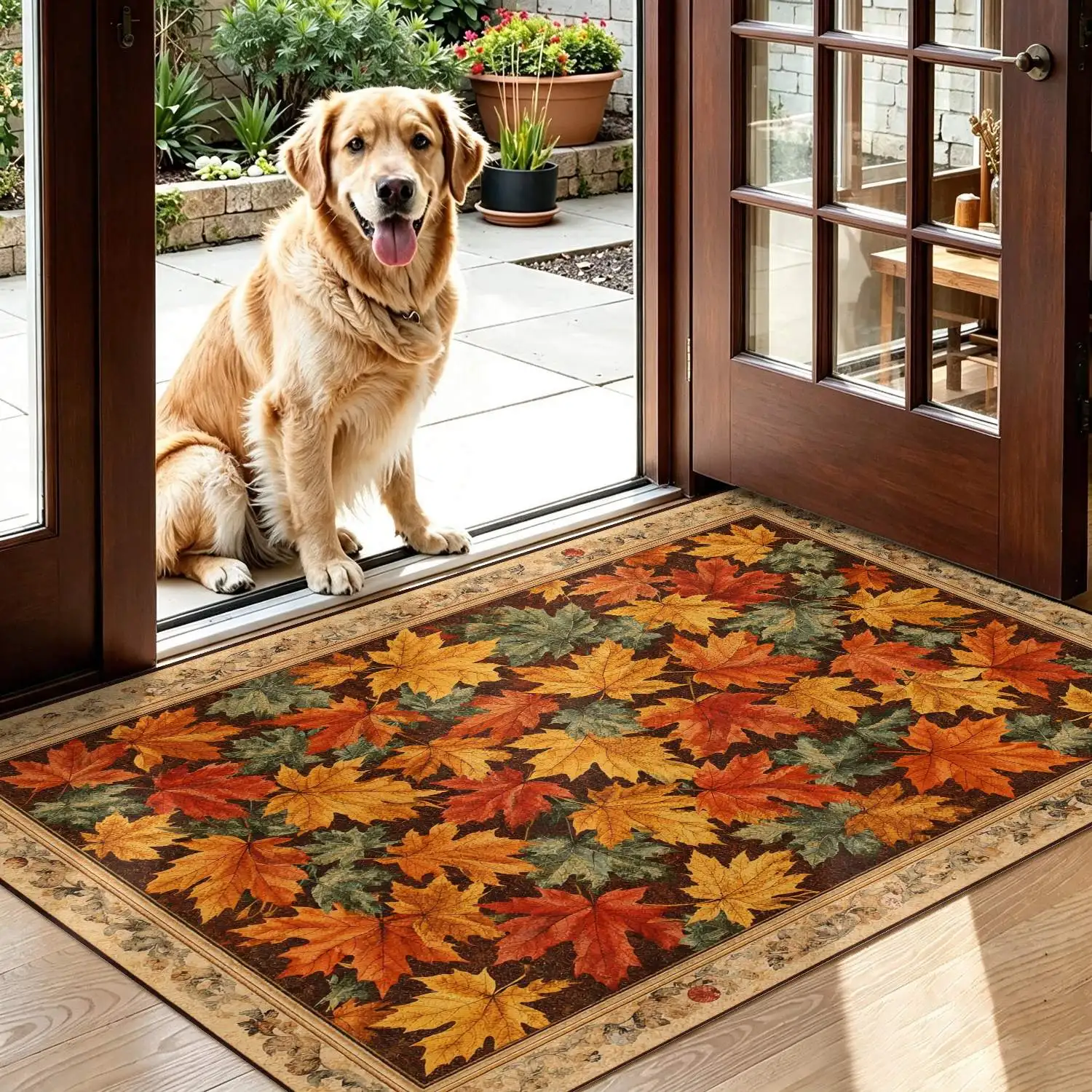 1Pc 2D Printed Maple Leaf Pattern Vintage European Minimalist Home Carpet, Multi-Size, Machine Washable, for Living Room, Bedroom, Dining Room, Entrance, Study
