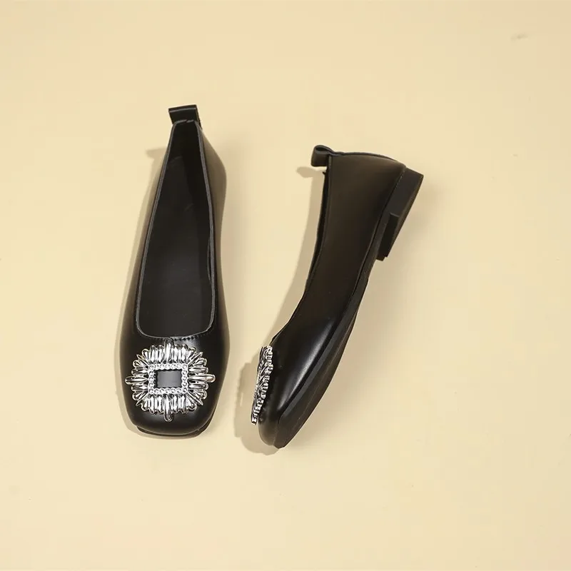 2025 Sparkling Rhinestone Shoes Woman Silver Japanned Leather Flats Square Toe Slip on Ladies Ballets Office Dress Loafers Femme