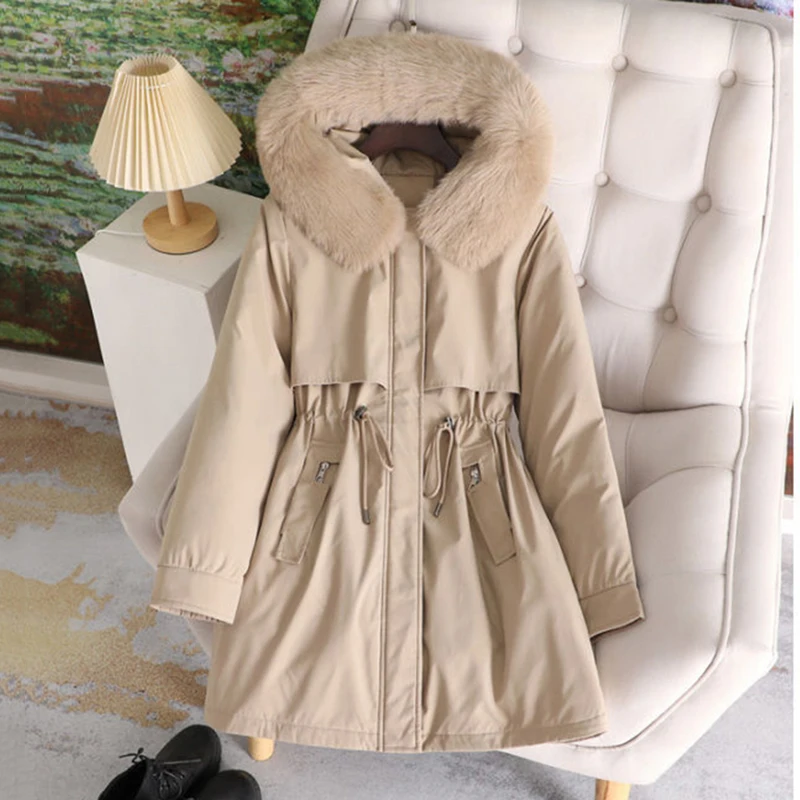 2024 Winter Autumn New Women Parka Clothes Long Coat Wool Liner Hooded Jacket Fur Collar Thick Warm Snow Wear Padded Parka