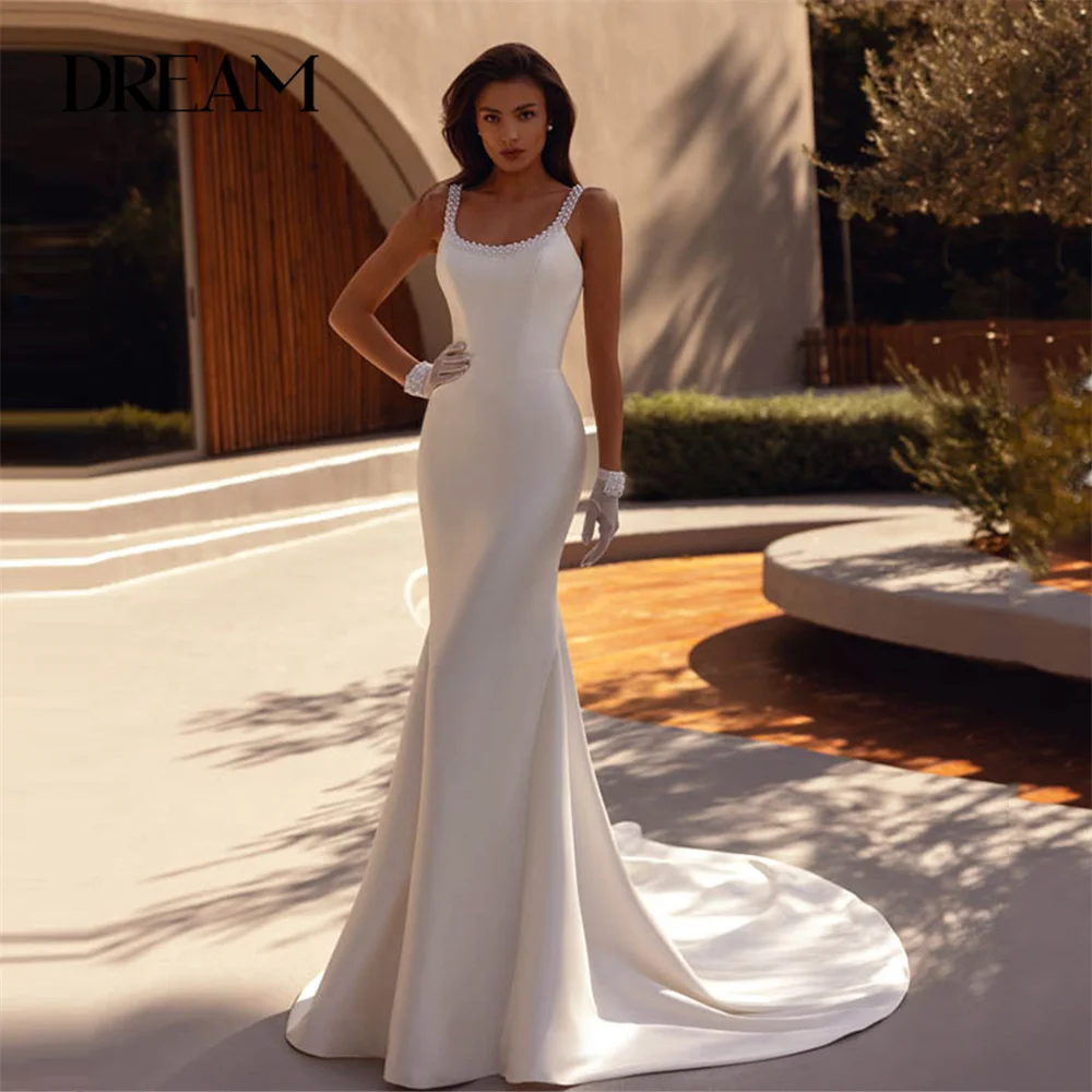 

DREAM Beading Pearls Mermaid Wedding Dress Women Boat-Neck Spaghetti Straps Open Back Bridal Gown Vestido De Noiva Customized
