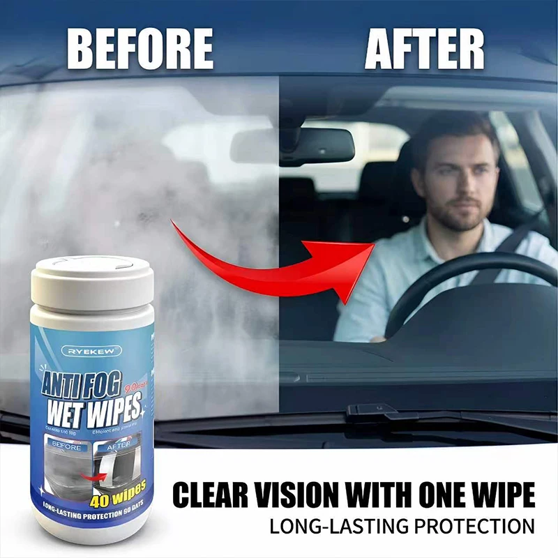 RYEKEW Car Glass Anti-Fog Wipes — Ideal for Interior Windshields; Long-Lasting Protection (90 Days) for Crystal-Clear Visibility
