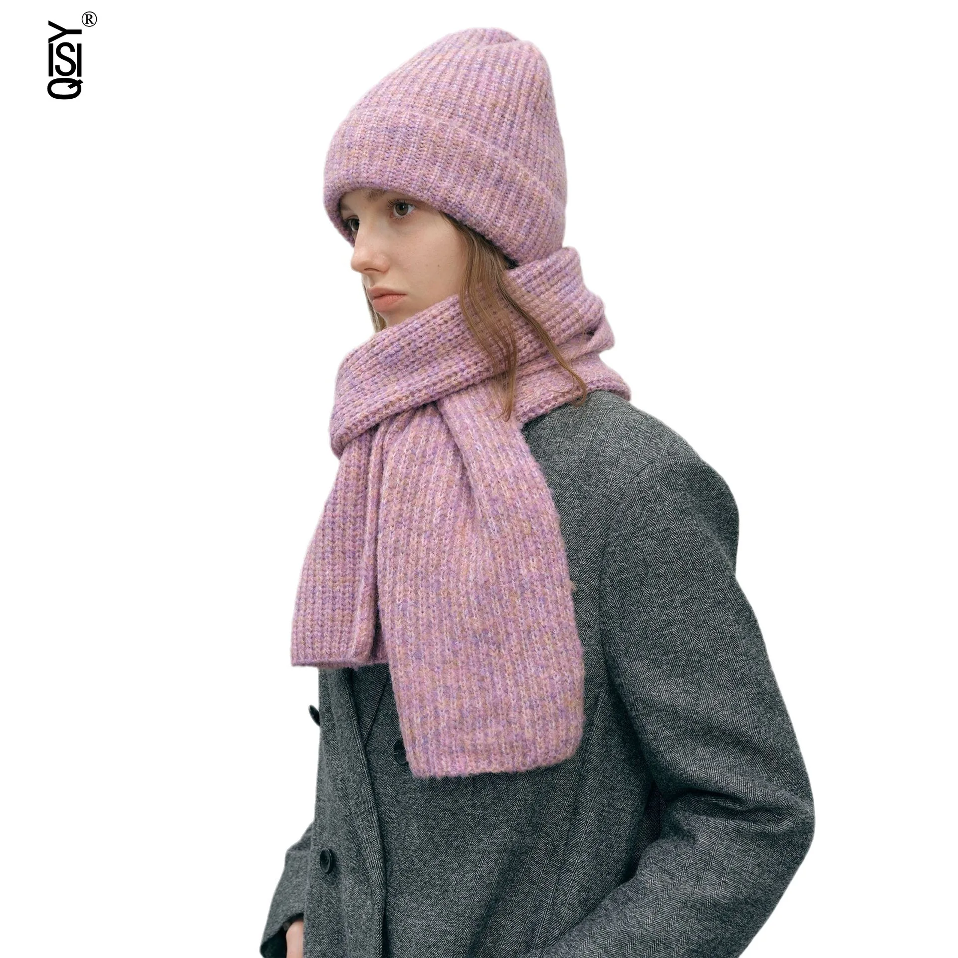 Set Dua Potong Topi dan Syal Rajut Wol Warna Solid Baru, Tebal dan Hangat untuk Musim Gugur dan Musim Dingin