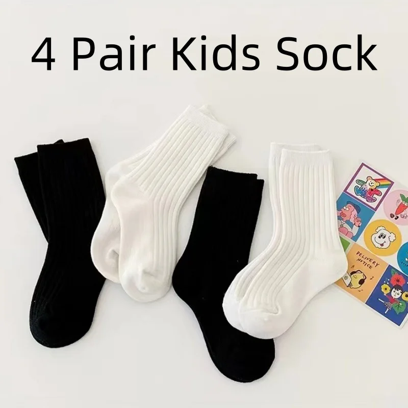 

4Pair Fashion Simplicity Kids Boy Girl Sock Black White Color Striped School Calf Sock for Child Spring Autumn Soft Cotton Sock