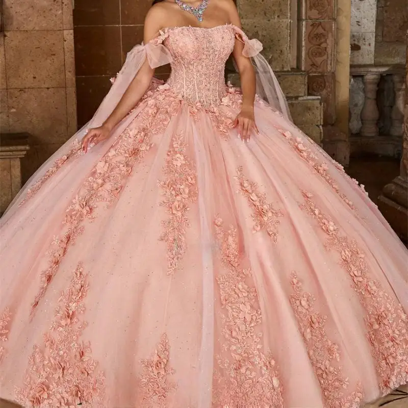 

Princess Pink Off Customized Quinceanera Dresses Mexico Beaded 3D Flowers Ruffles 16 Dress Birthday Gowns Lace-up