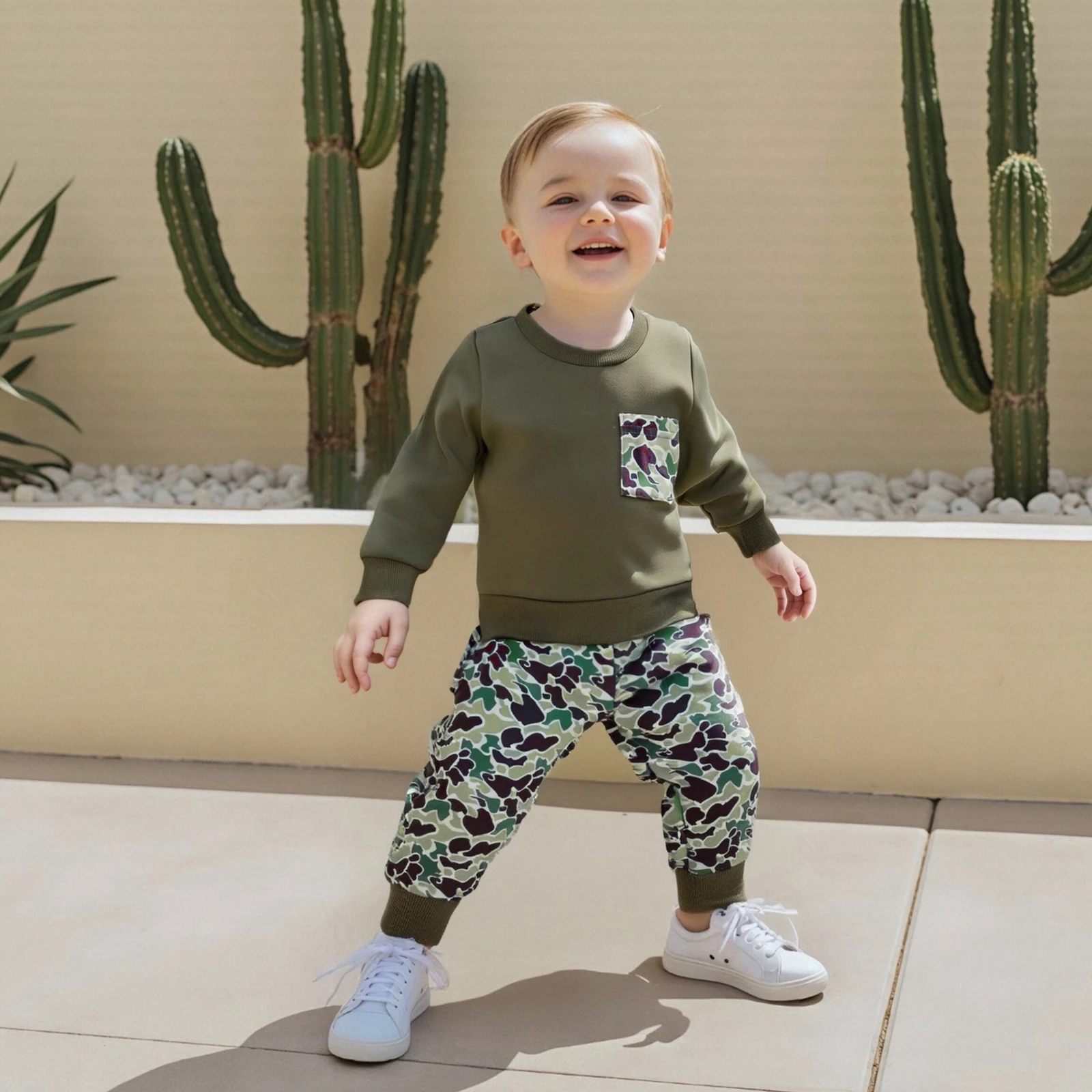 Kids Fall 2Pcs Pants Sets Long Sleeve O Neck Tops Drawstring Camouflage Pants Sets 0-4t