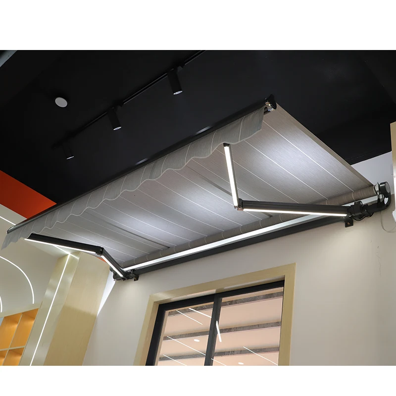 Luxury Modern Motorized Sunshade Aluminum Awnings Folding Retractable Awning with Led Light for Coffee Shops