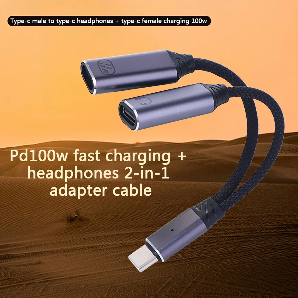 2 in 1 Design 2-in-1 USB C OTG Adapter PD 100W USB Female Port 2 in 1 USB Type C Audio Cable 480Mbps Data Transfer HiFi Audio
