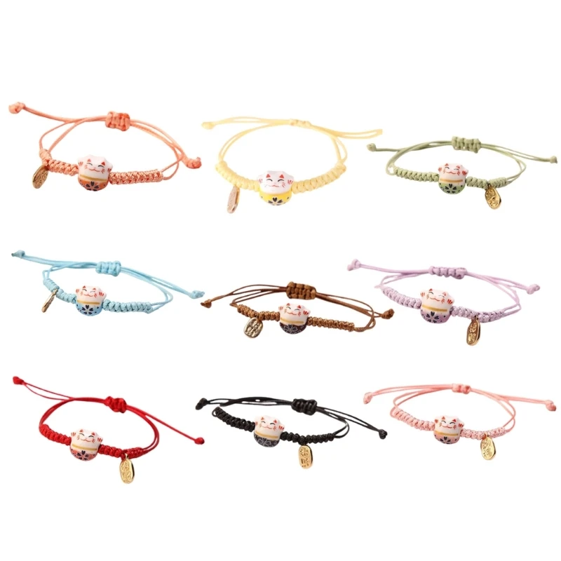 652F Hand-woven Simple Cute Ceramic Lucky Cat Bracelet Alternative Colors Rope Bangle Braid Ceramic Cat Pendant Hand Rings