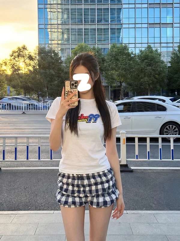 

Retro American Streetwear Letter Print Short Sleeve T-Shirt High Waist Plaid Shorts Flower Bud Pants Set Women's Fas...