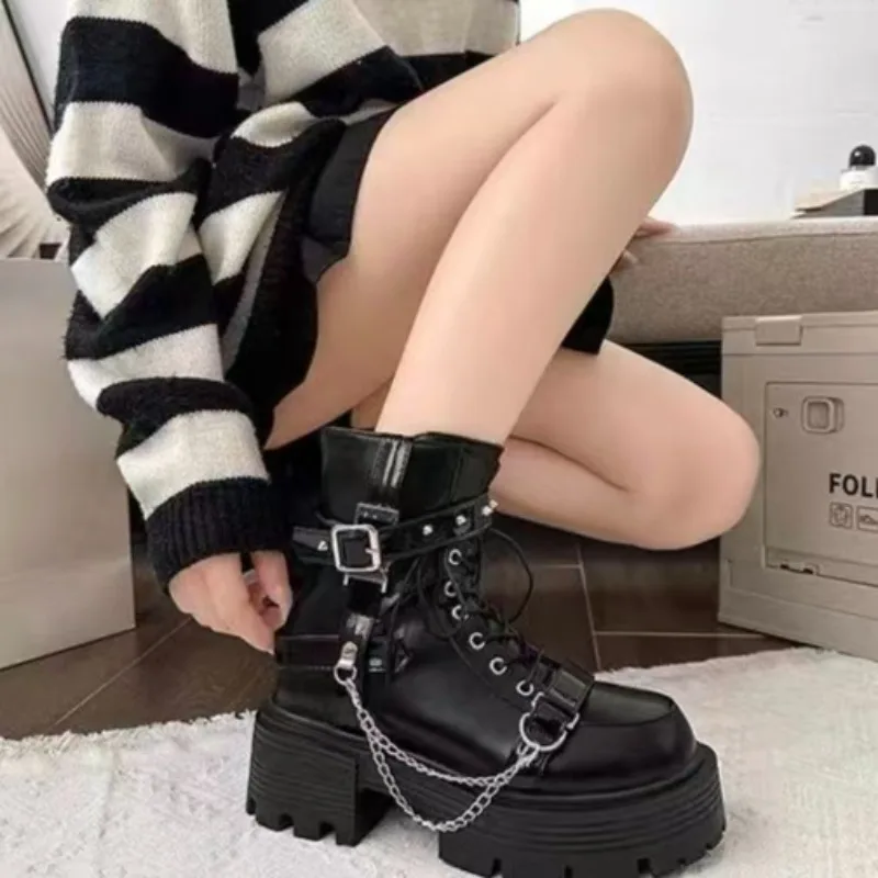 

New Women Pu Leather Ankle Booties Woman Autumn Winter Round Toe Lace Up Shoes Woman Motorcycle Platform Gothic Boots Cosplay