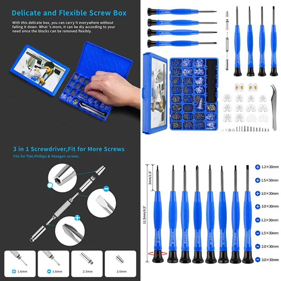 Upgrade Version Magnetic Eye Glass Repairing Kit, Eyeglass Repair Tool Kit with Compact Screw Box Include Nose Pads, Precision Screwdriver Set, Screws, Tweezer for Eyeglass, Sunglass, Spectacles Watch