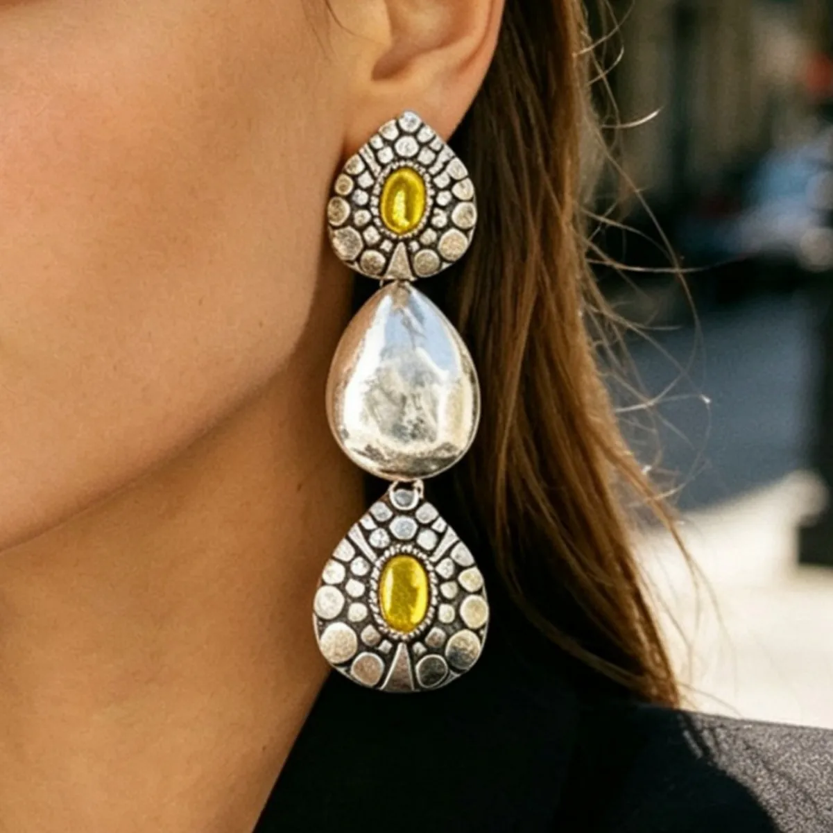 Bohemian Style Retro Ethnic Style Spliced Long Teardrop Earrings