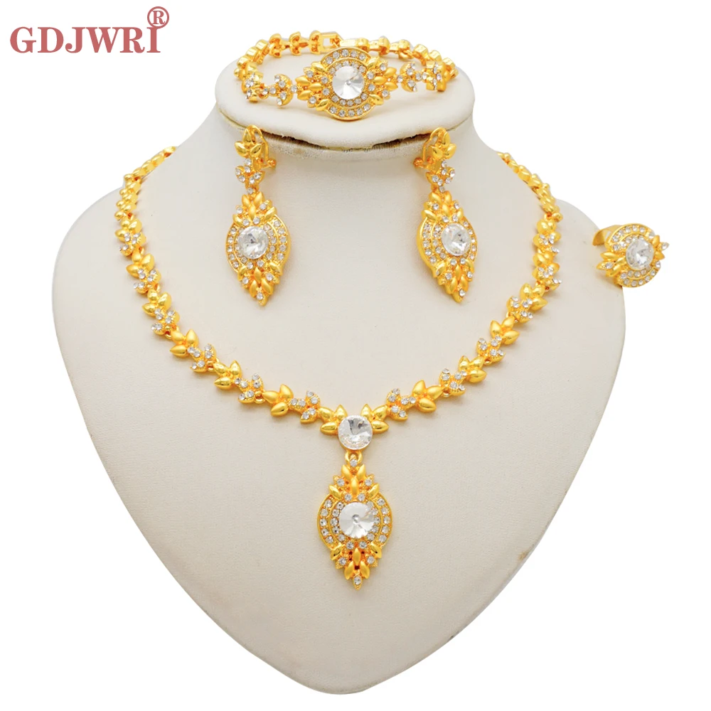 Luxus Dubai Gold Farbe Doppels chicht Halskette Schmuck Sets für Frauen afrikanischen Wasser tropfen Kristalls chmuck indischen Set Geschenke – Detail 36