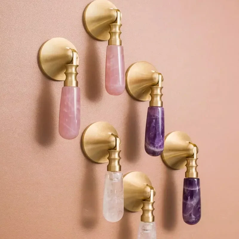Natural Pink Crystal Pure Brass Small Handle Nordic Light Luxury Wardrobe Cabinet Door Drawer Hardware Furniture SingleHole Knob